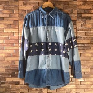 Mens Vintage Large Denim Patch Button Down Star Shirt by Guess